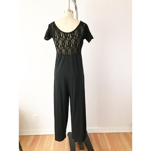 SIZE M/L 90s Black Lace Jumpsuit , Sheer Top Wide Leg Jumpsuit, Sexy Lounge - Picture 3 of 8